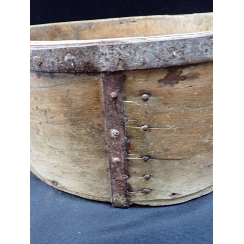 181 - A WOODEN METAL BOUND GRAIN MEASURE, A CUTLERY CARRIER with a teak salad bowl