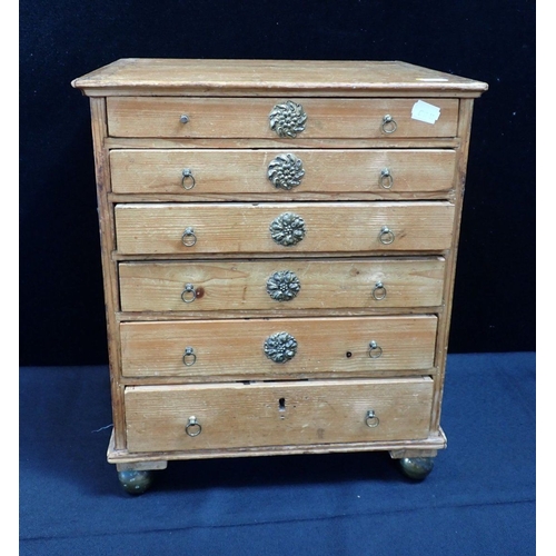 191 - A 19TH CENTURY STRIPPED PINE COLLECTOR'S CABINET of six drawers, wit brass ring handles and ball fee... 