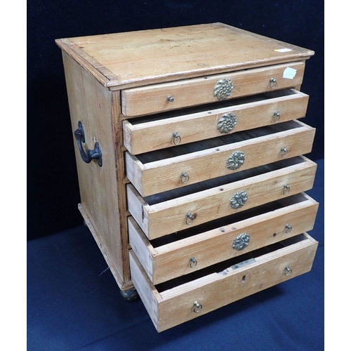 191 - A 19TH CENTURY STRIPPED PINE COLLECTOR'S CABINET of six drawers, wit brass ring handles and ball fee... 