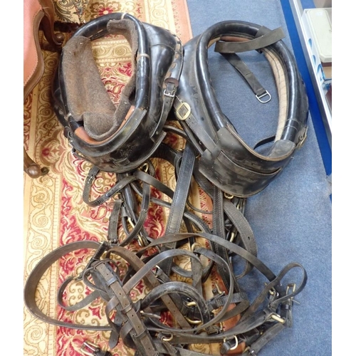 205 - TWO OLD LEATHER HORSE COLLARS with woollen linings, and other equipment