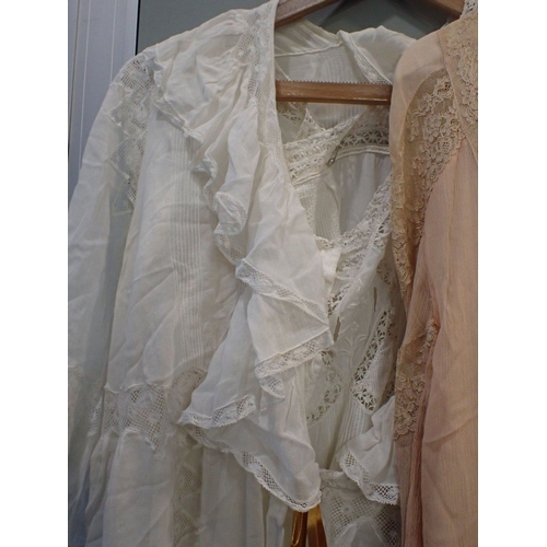 26 - A PEACH CHIFFON AND SILK ROBE with a white embroidered and pin tucked negligee and robe and a Arabic... 