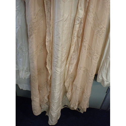 26 - A PEACH CHIFFON AND SILK ROBE with a white embroidered and pin tucked negligee and robe and a Arabic... 