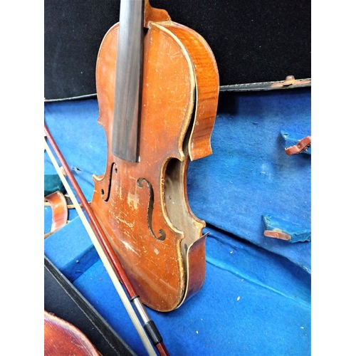 269 - A CASED VIOLIN WITH BOW together with another, for restoration