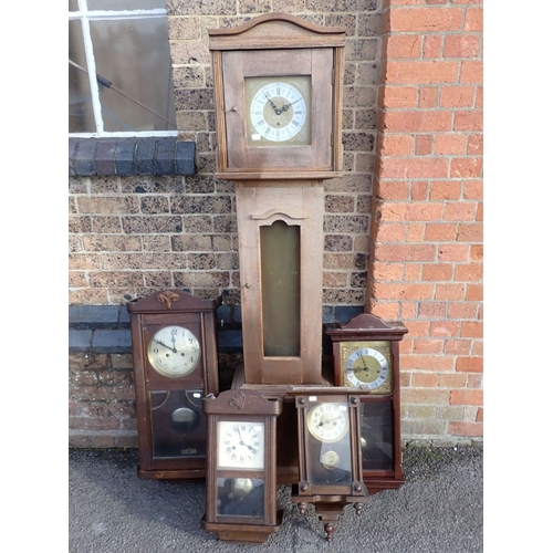 302 - TWO 1920S OAK-CASED WALL CLOCKS two others, and a 'Grandmother' clock (a/f) (5)