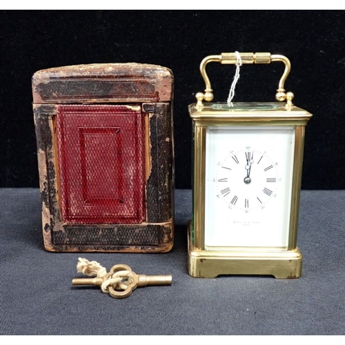 305 - A BRASS-CASED FRENCH CARRIAGE CLOCK Whytock and Sons, Paris, striking on a gong, with (a/f) leather ... 