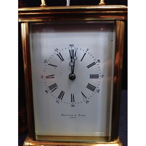 305 - A BRASS-CASED FRENCH CARRIAGE CLOCK Whytock and Sons, Paris, striking on a gong, with (a/f) leather ... 