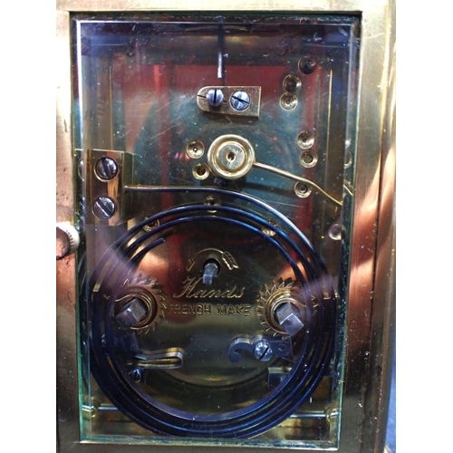 305 - A BRASS-CASED FRENCH CARRIAGE CLOCK Whytock and Sons, Paris, striking on a gong, with (a/f) leather ... 