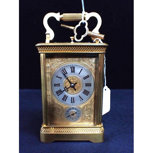 306 - A BRASS-CASED FRENCH CARRIAGE CLOCK, WITH REPEAT AND ALARM on a gong, with engraved dial and decorat... 