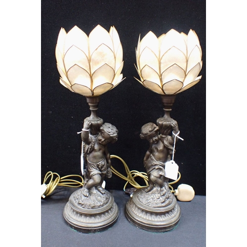 310 - A PAIR OF PUTTO SPELTER TABLE LAMPS 33cm (plus shades)