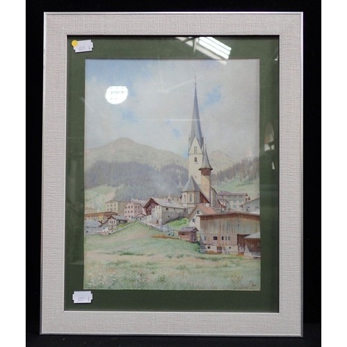 702 - MONOGRAMMED 'HR': ALPINE VILLAGE SCENE watercolour, dated 1888, 30 x 22cm, plus frame