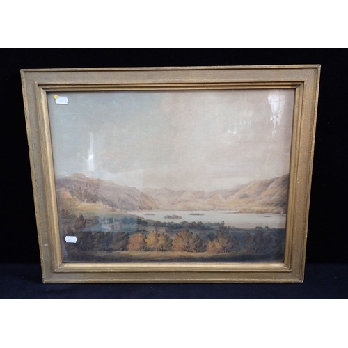 708 - ENGLISH SCHOOL,19TH CENTURY: LAKE SCENE with cottages, watercolour 37 x 49cm plus gilt frame