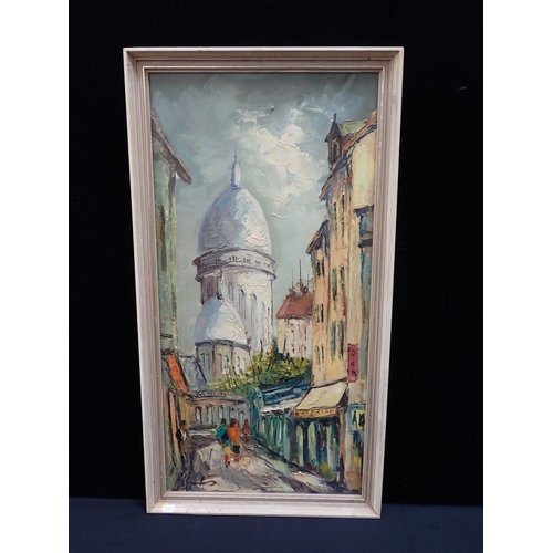 709 - MONTMARTRE, VIEW OF SACRE COEUR mid 20th century, oil on canvas, indistinctly signed 80 x 40cm plus ... 