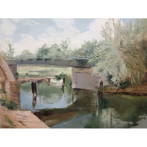 712 - VICTOR ASKEW: REGENTS CANAL, OIL ON CANVAS applied impasto, 60cm x 56cm, together with another harbo... 