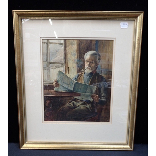 714 - A.G. STEVENS: ELDERLY MAN READING NEWSPAPER watercolour, 41cm x 48cm