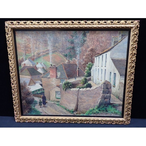 719 - DENYS LAW: ENGLISH SCHOOL, 20TH CENTURY: CORNISH VILLAGE oil on canvas 47 x 56cm plus frame