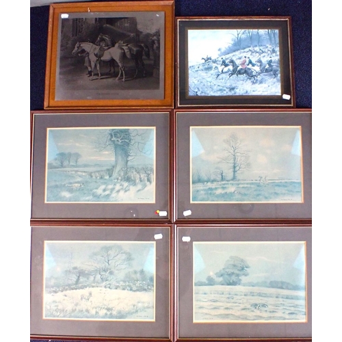 727 - GEORGE WRIGHT HUNTING PRINT with four John Reaney prints (faded), and a print on metal (6)