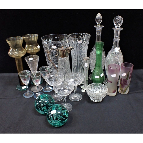 73 - A COLLECTION OF DOMESTIC GLASSWARE including decanters, a claret jug, cut glass vases, drinking glas... 