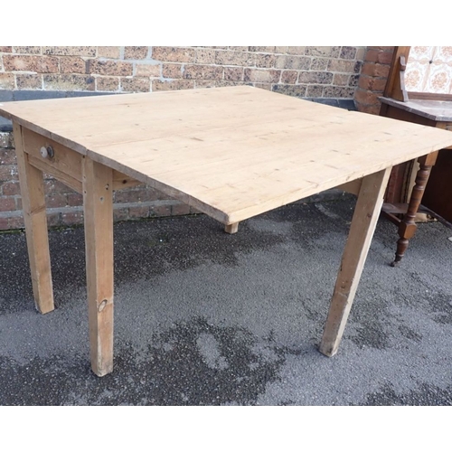 915 - A 19TH CENTURY STRIPPED PINE KITCHEN TABLE with single drop flap, on square legs, with a single draw... 