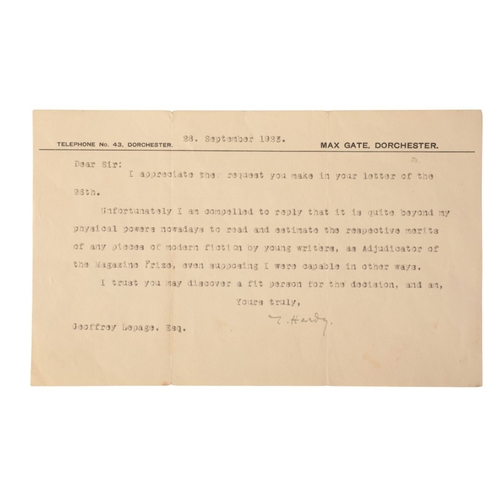 362 - THOMAS HARDY (1840-1928): A COLLECTION OF EPHEMERA including two autographed typed letters, one addr... 