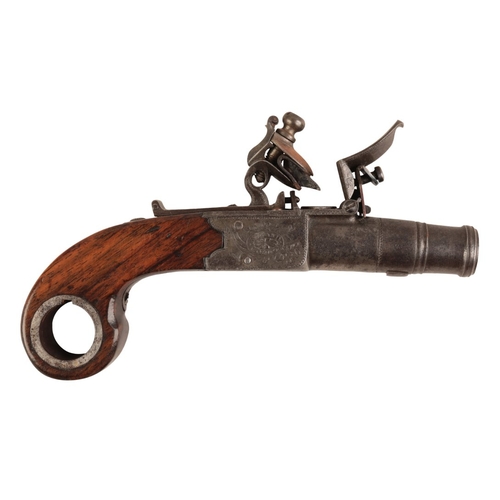 117 - RICHARDS, STRAND, LONDON: A LATE 18TH CENTURY CANNON BARREL PISTOL

with flintlock action, the iron ... 