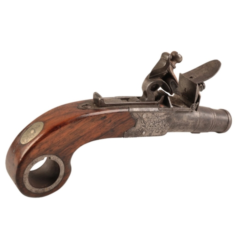 117 - RICHARDS, STRAND, LONDON: A LATE 18TH CENTURY CANNON BARREL PISTOL

with flintlock action, the iron ... 