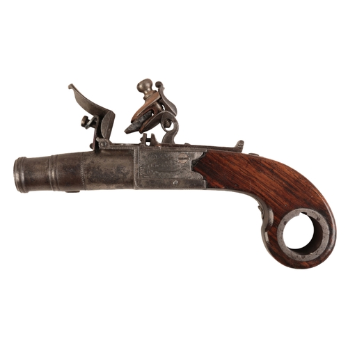 117 - RICHARDS, STRAND, LONDON: A LATE 18TH CENTURY CANNON BARREL PISTOL

with flintlock action, the iron ... 