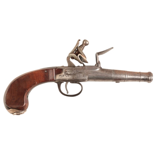 122 - FREEMAN: A LATE 18TH CENTURY CANNON BARREL PISTOL 

with flintlock action, the iron receiver with en... 