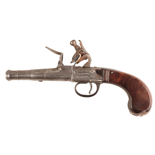 122 - FREEMAN: A LATE 18TH CENTURY CANNON BARREL PISTOL 

with flintlock action, the iron receiver with en... 