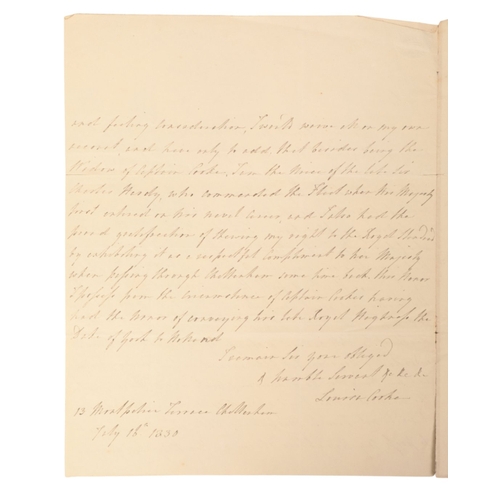 266 - BATTLE OF TRAFALGAR INTEREST: A SIGNED LETTER FROM THE WIDOW OF CAPTAIN JOHN COOKE (1762-1805)

a tw... 