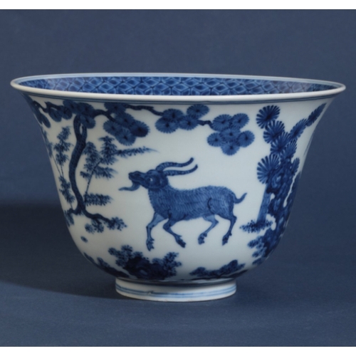 30 - A CHINESE BLUE AND WHITE BOWL

early Qing or later, with an everted rim, decorated with goats in a l... 