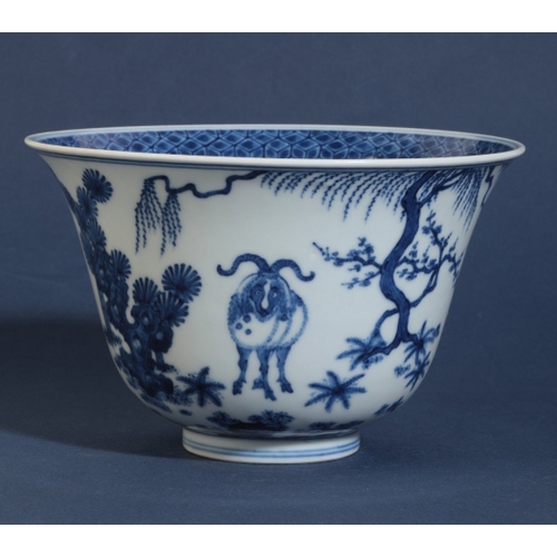 30 - A CHINESE BLUE AND WHITE BOWL

early Qing or later, with an everted rim, decorated with goats in a l... 