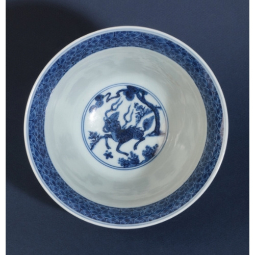 30 - A CHINESE BLUE AND WHITE BOWL

early Qing or later, with an everted rim, decorated with goats in a l... 