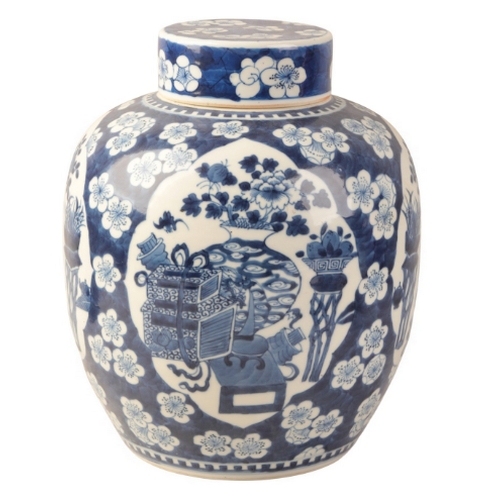 43 - A CHINESE BLUE AND WHITE PORCELAIN GINGER JAR AND COVER

in the Kangxi style, decorated with panels ... 