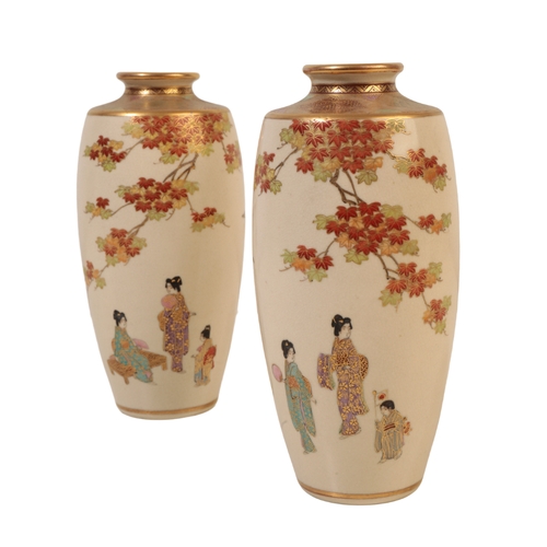 503 - A PAIR OF JAPANESE SATSUMA VASES

Meiji, enamelled in polychrome and gilt with Geisha girls walking ... 