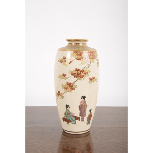 503 - A PAIR OF JAPANESE SATSUMA VASES

Meiji, enamelled in polychrome and gilt with Geisha girls walking ... 