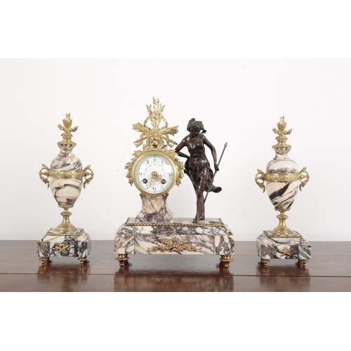 519 - A 19TH CENTURY FRENCH ORMOLU MOUNTED CALACATTA VIOLA MARBLE CLOCK GARNITURE

all with âTriumphalâ... 