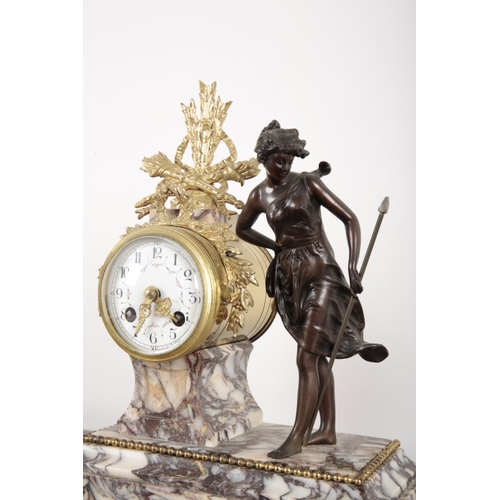 519 - A 19TH CENTURY FRENCH ORMOLU MOUNTED CALACATTA VIOLA MARBLE CLOCK GARNITURE

all with âTriumphalâ... 