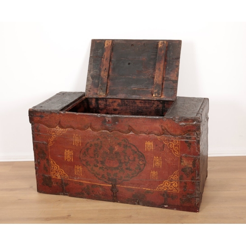 521 - A TIBETAN PAINTED CHEST

17th/18th century, the lifting top opening to a vacant interior, the facade... 