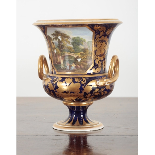 595 - A PAIR OF DERBY PORCELAIN URNS OF CAMPANA SHAPE

early 19th century, enamelled with landscapes 