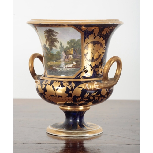 595 - A PAIR OF DERBY PORCELAIN URNS OF CAMPANA SHAPE

early 19th century, enamelled with landscapes 