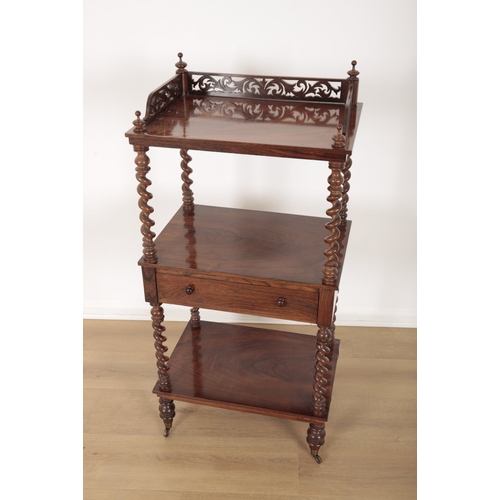 596 - A WILLIAM IV ROSEWOOD WHATNOT

the top section with a pierced three-quarter gallery and turned finia... 