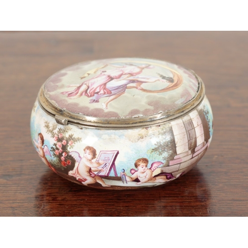 598 - A VIENNESE ENAMELLED CIRCULAR LIDDED BOX

early 19th century, decorated with Cupid and Graces, 3.5cm... 