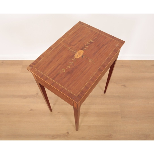 599 - AN EDWARDIAN SATINWOOD INLAID SEWING TABLE

the top with oval patera and leaf marquetry within a box... 