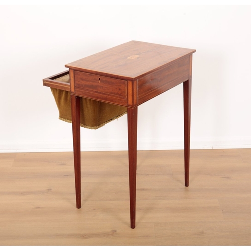 599 - AN EDWARDIAN SATINWOOD INLAID SEWING TABLE

the top with oval patera and leaf marquetry within a box... 