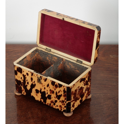 606 - A GEORGE III TORTOISESHELL TEA CADDY

of neoclassical sarcophagus form,  the hinged lid opening to a... 