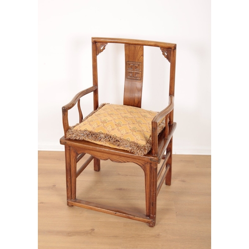 619 - A CHINESE ELM OPEN ARMCHAIR

the square back splat carved with a traditional symbol, 98cm high x 49c... 