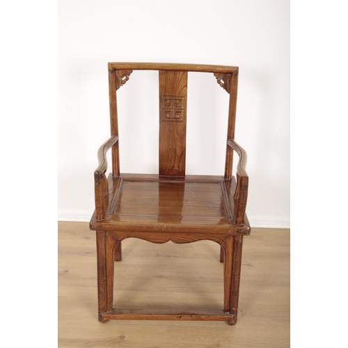 619 - A CHINESE ELM OPEN ARMCHAIR

the square back splat carved with a traditional symbol, 98cm high x 49c... 