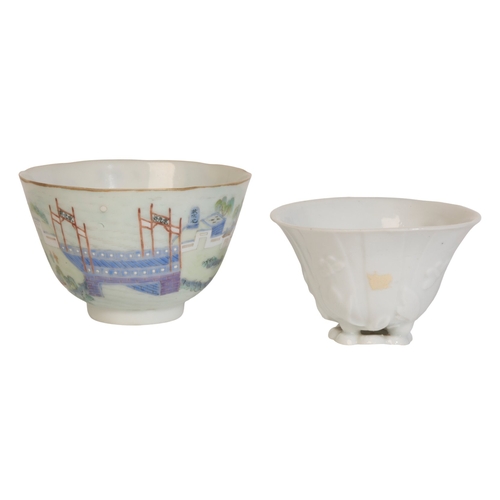 636 - A CHINESE BLANC DE CHINE LIBATION CUP,

early Qing, 9cm wide; and a Chinese bowl enamelled in polych... 