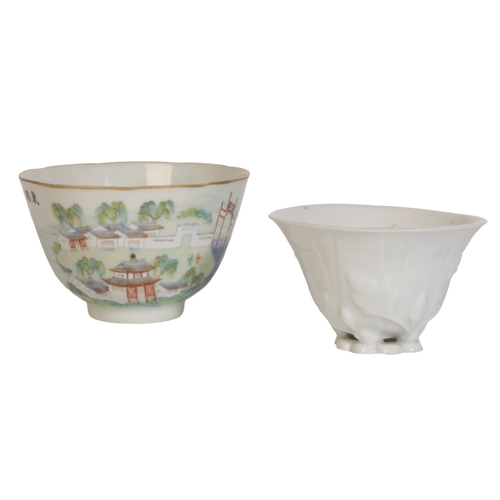 636 - A CHINESE BLANC DE CHINE LIBATION CUP,

early Qing, 9cm wide; and a Chinese bowl enamelled in polych... 