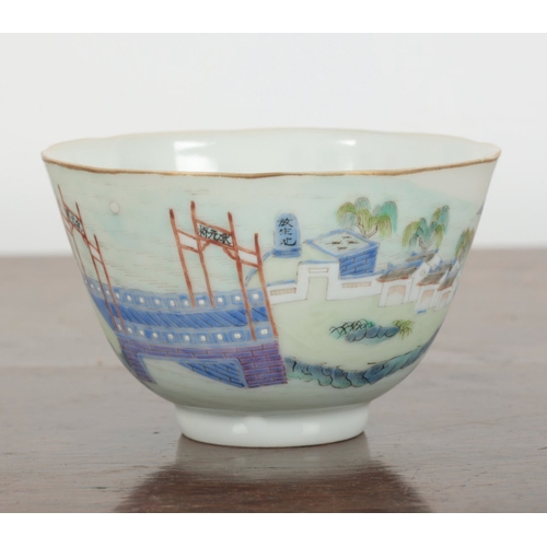 636 - A CHINESE BLANC DE CHINE LIBATION CUP,

early Qing, 9cm wide; and a Chinese bowl enamelled in polych... 